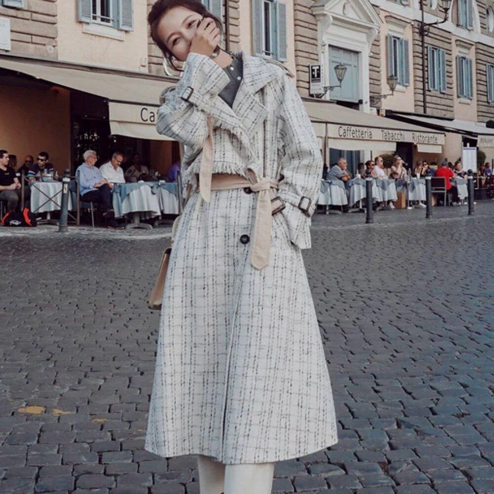 Tweed plaid trenchcoat jacket cream